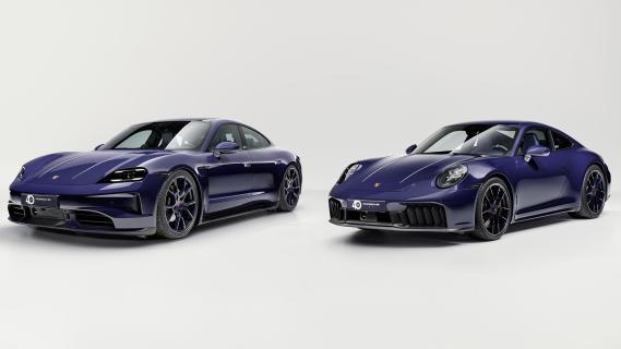 Porsche Taycan en 911 Ferragamo (2025) zijkant links schuin voor