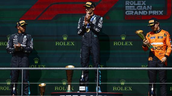 GP België 2024 podium Hamilton, Russell en Piastri
