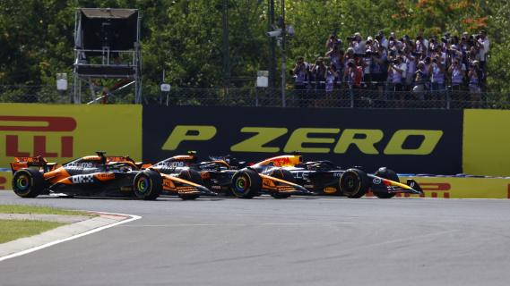 GP Hongarije 2024 bocht 1 Verstappen Norris Piastri
