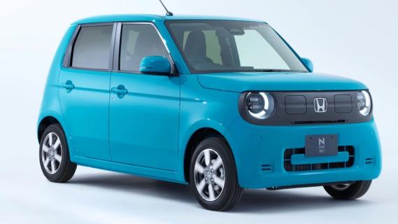 Honda N One e: blauw (2025) zijkant links schuin voor