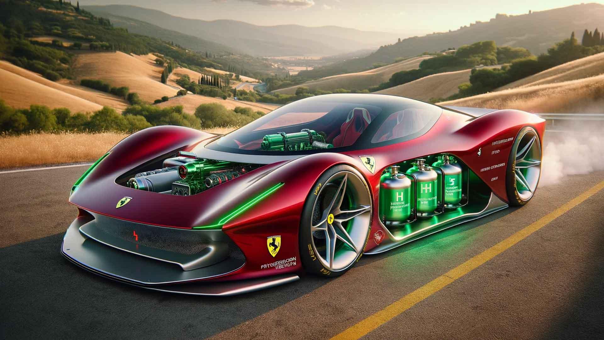 Ferrari waterstof verbrandingsmotor ChatGPT concept schuin voor