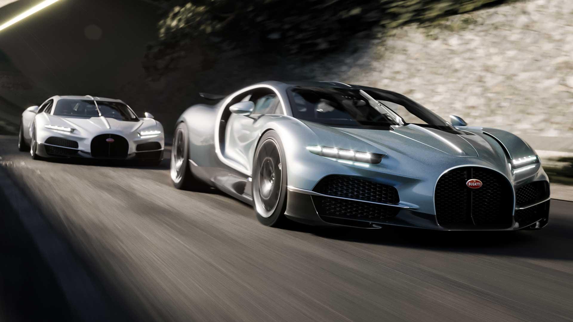 Bugatti Tourbillon rijdend schuin voor twee auto's