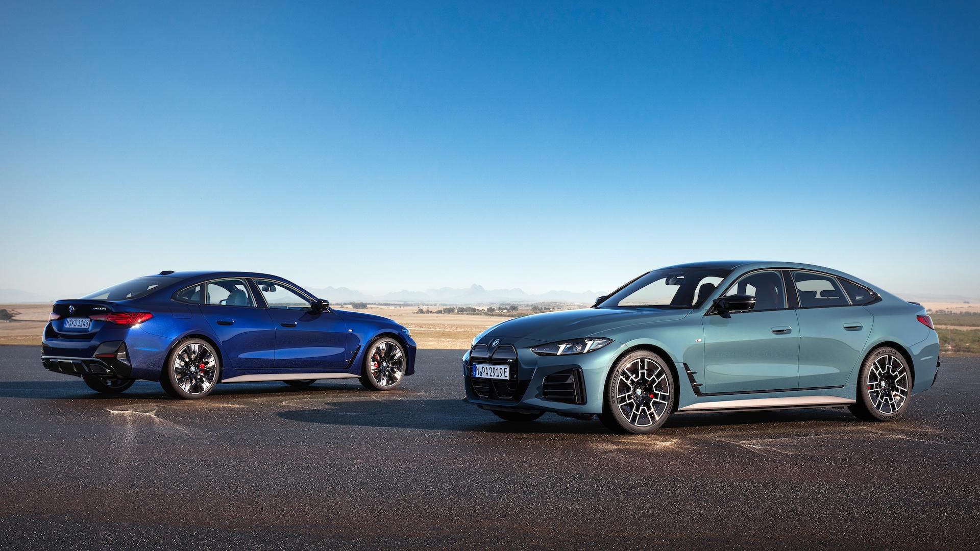 BMW 4-serie Gran Coupé blauw zijkant achter schuin i4 groen zijkant links voor schuin