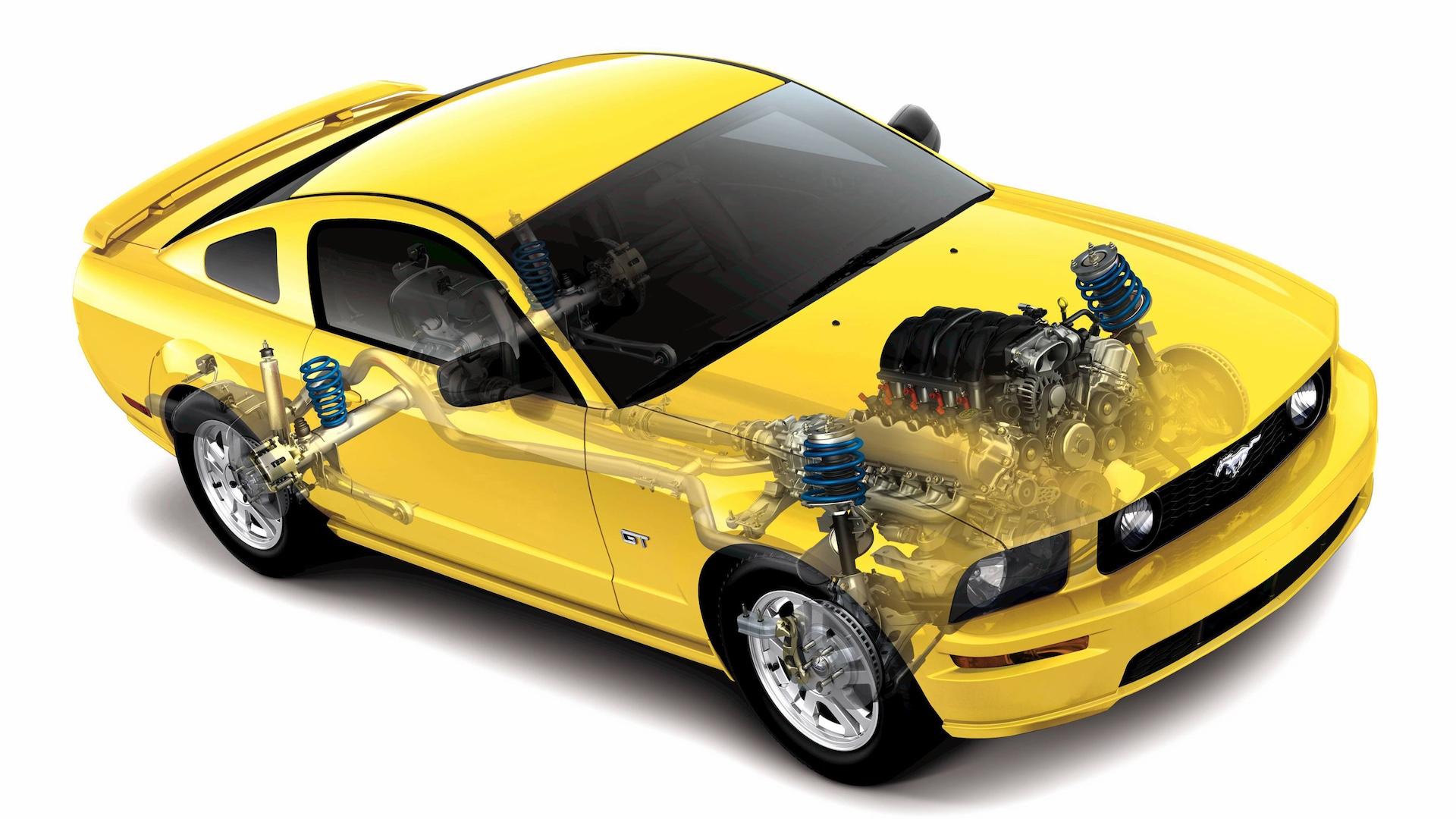 Ford Mustang GT (2005) cutaway geel zijkant rechts schuin boven