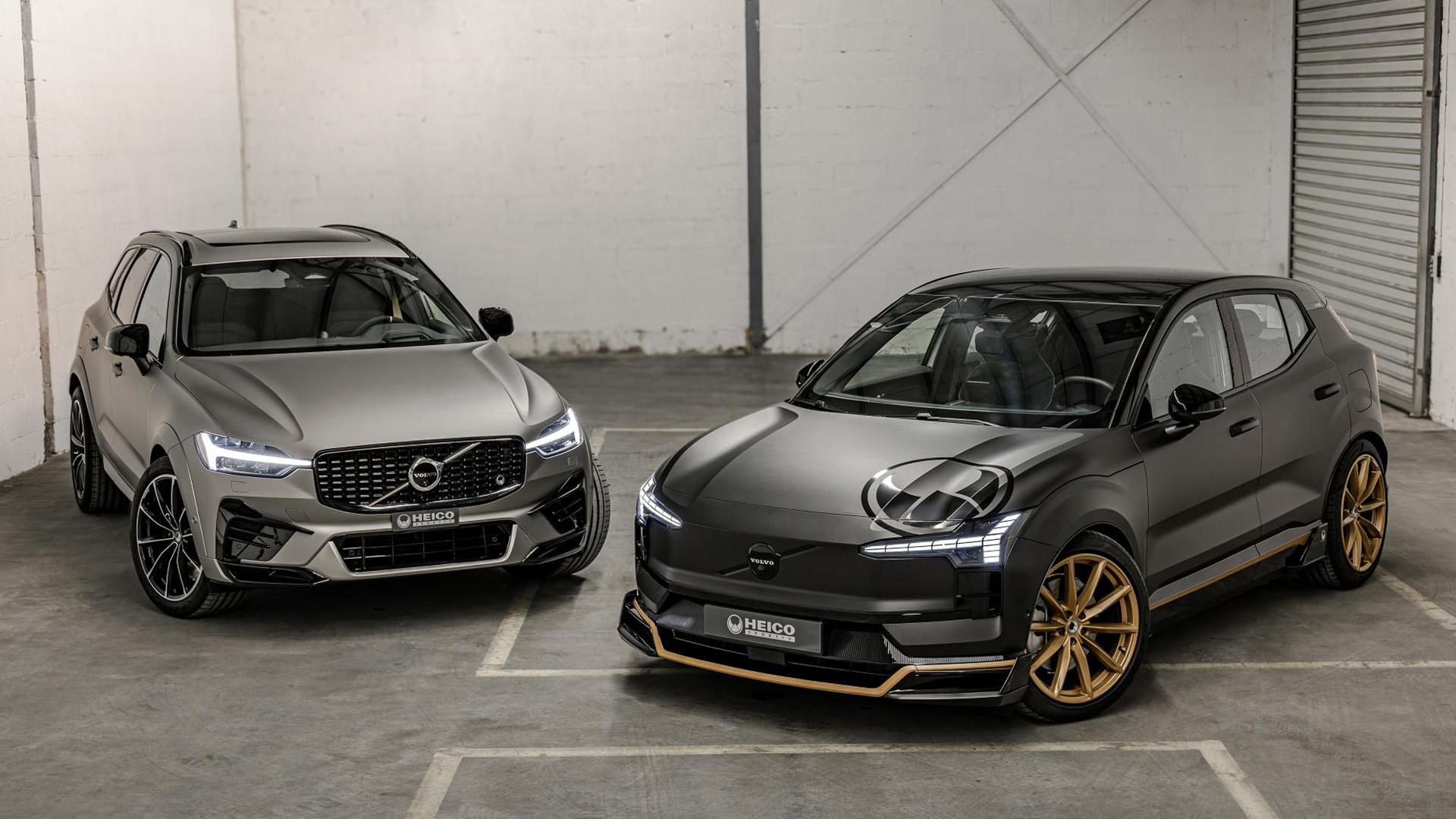 Heico Sportiv Volvo EX30 zwart links voor schuin en XC60 Polestar beige rechts zijkant voor duo