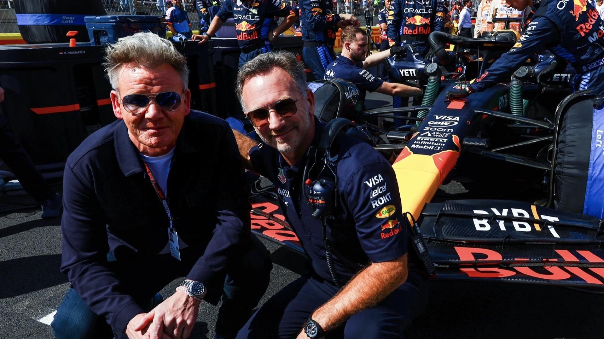 Gordon Ramsay & Christian Horner voor een Formule 1-auto tijdens de GP van USA 2024