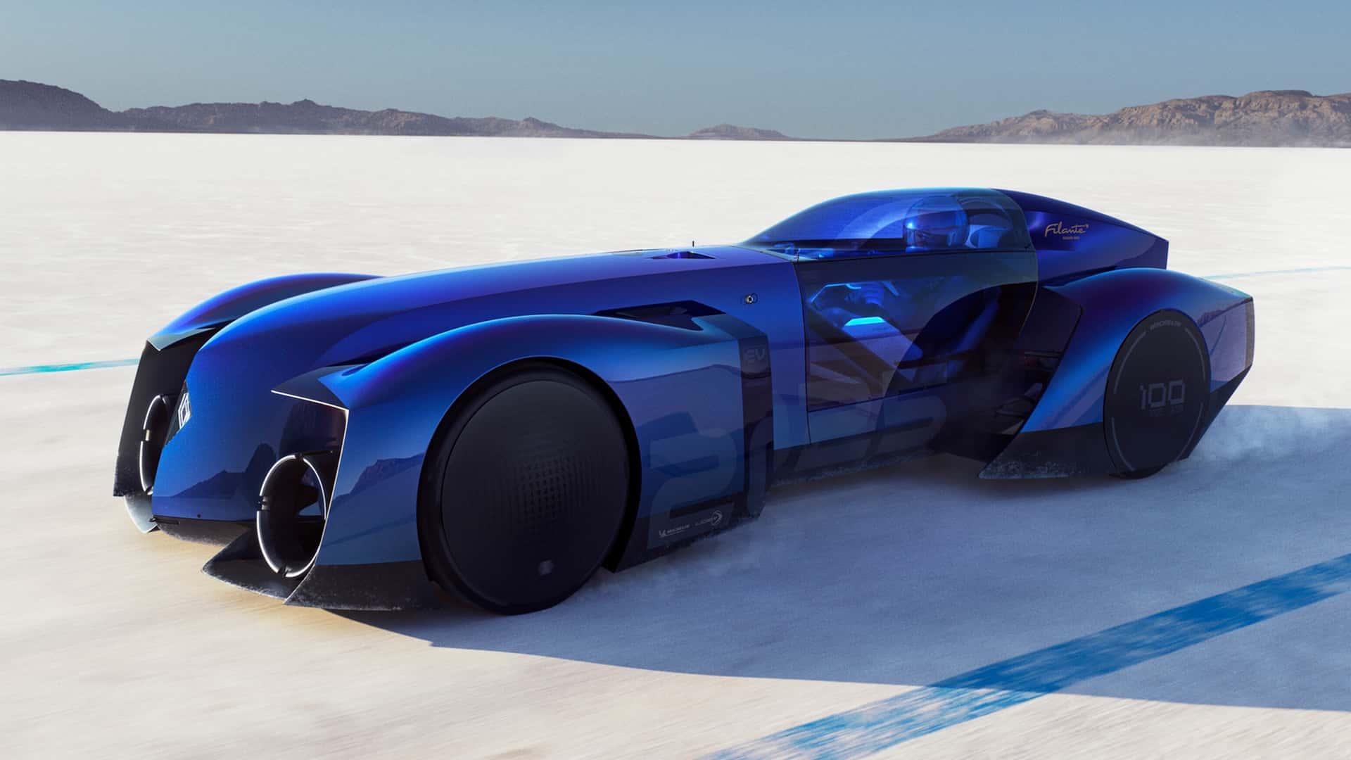 Renault Filante concept blauw (2025) zijkant links voor schuin