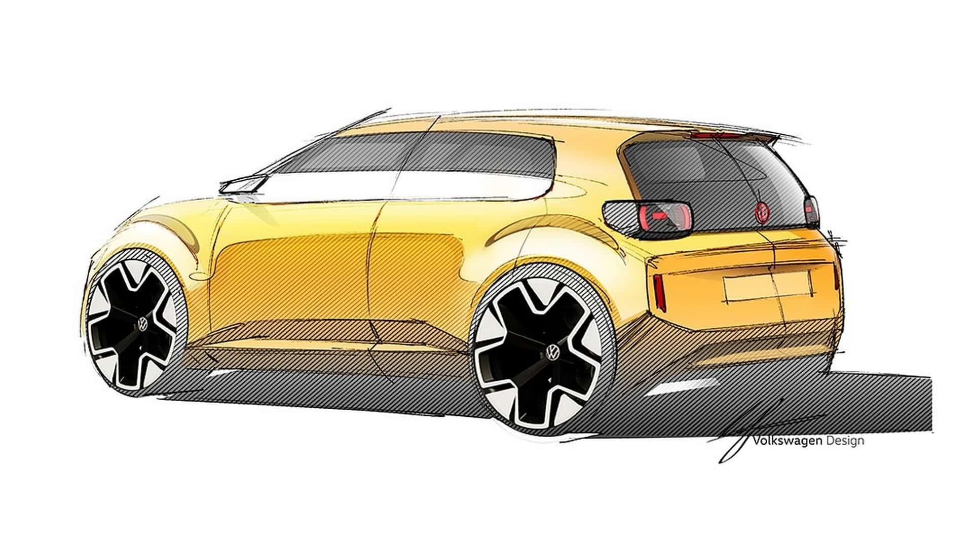 Volkswagen ID.1 Concept tekening geel zijkant linksachter zijkant schuin