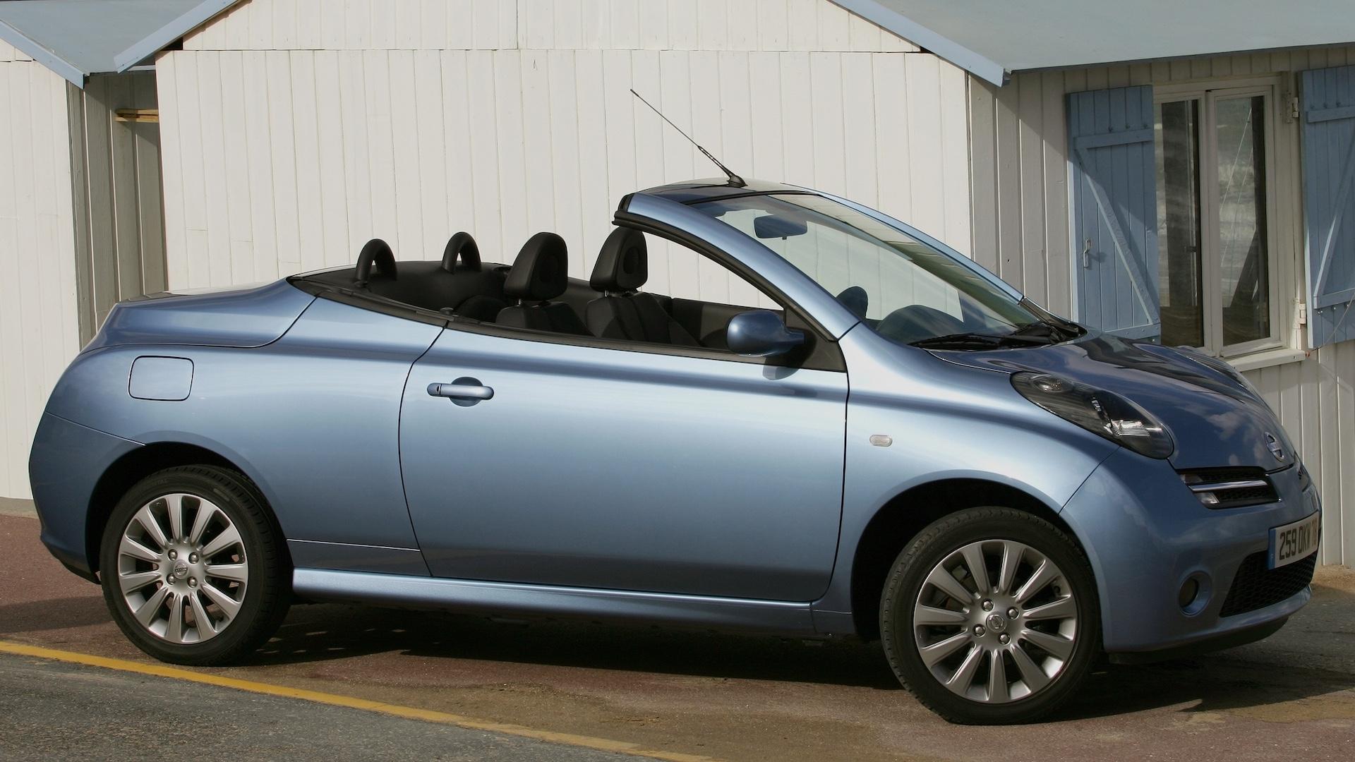 Nissan Micra C+C blauwgrijs zijkant rechts schuin voor dak omlaag
