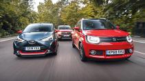 Toyota Aygo vs Dacia Sandero vs Suzuki Ignis rijdend voor