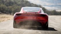Tesla Roadster recht achter met stof