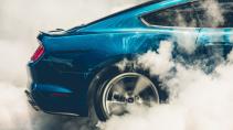 Ford Mustang Kona Blue Performance Pack burnout rook