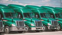 Groene Freightliner-vrachtwagens