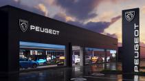 Peugeot-logo 2021 bij dealer in de nacht