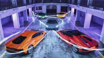 Vijf Lamborghini Aventador in fabriekshal edit