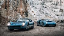 Lamborghini Aventador en Lamborghini Miura Roadster samen voorkant