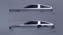 Hyundai Pony zijkant schets oud concept en nieuw concept