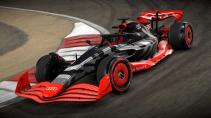 Audi F1-auto in F1 22 rijdend op Bahrein schuin voor