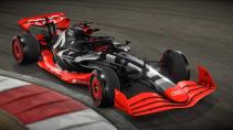 Audi F1-auto in F1 22 rijdend op Bahrein schuin voor