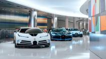 Bugatti showrom in Monaco bij het F1-circuit La Voiture Noire, Divo en Chiron schuin voor