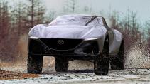 Mazda DX-Vision conceptauto rijdend voorkant in de modder