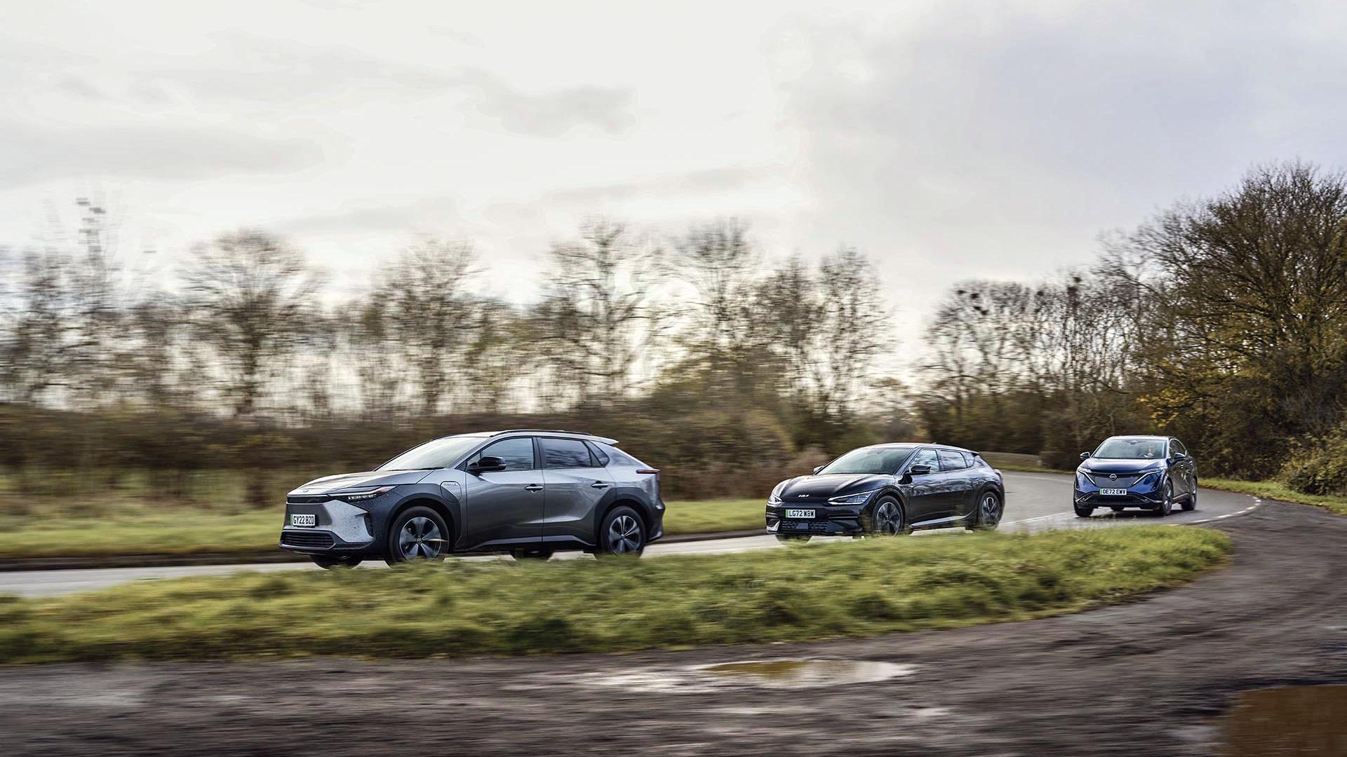 Side-by-side electric car comparison featuring the Nissan Ariya and Toyota bZ4X among others