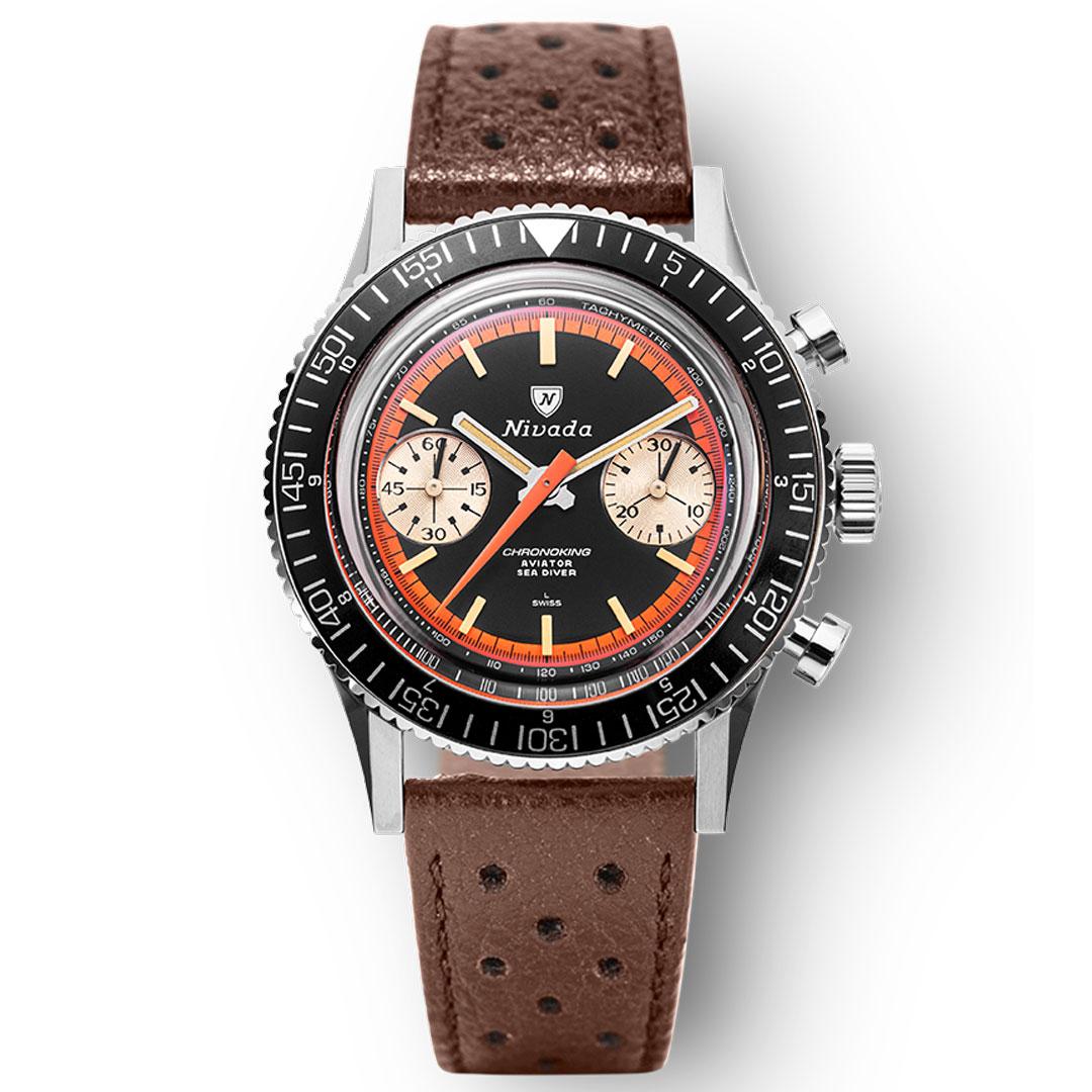 Nivada Grenchen Chronoking Paul Newman Orange Valjoux 23 VZ ref. 87034M10 on a brown leather strap