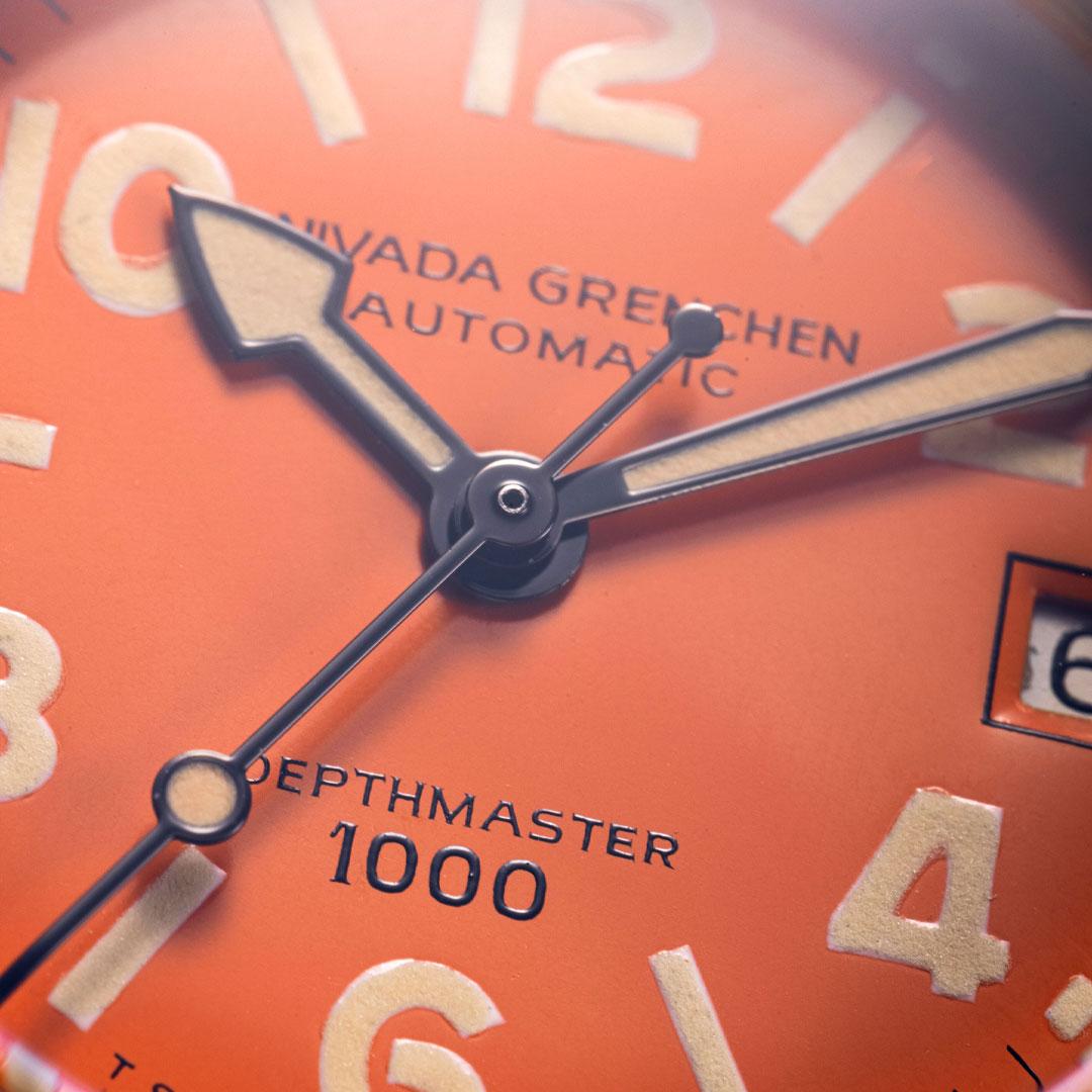 Nivada Grenchen Depthmaster Orange Limited Edition ref. 14126A dial detail