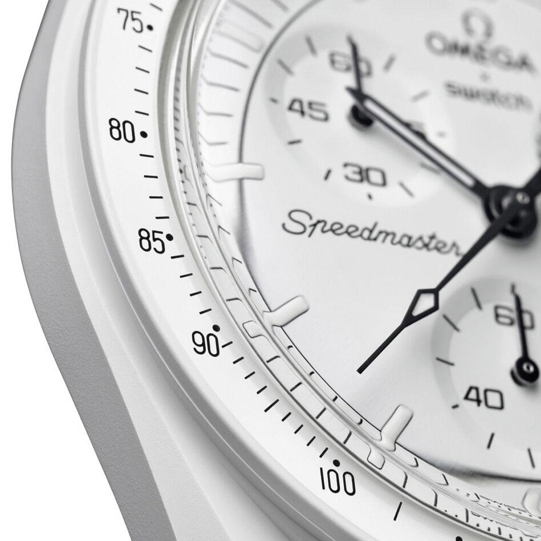 Omega x Swatch Bioceramic Moonswatch Mission to the Moonphase ref. SO33W700 dial detail