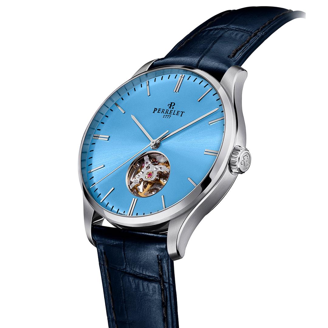 Perrelet Weekend 3-hands Open Heart Ice Blue ref. A1302/A leather strap