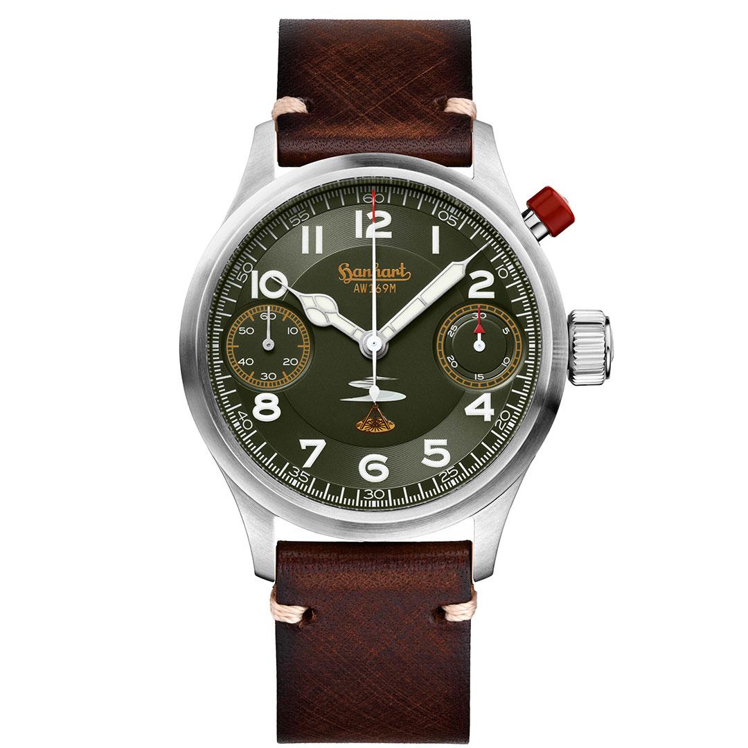 Hanhart Austrian Airforce AW169M Limited Edition ref. 732L.290-5110/5112 flat bezel with leather strap