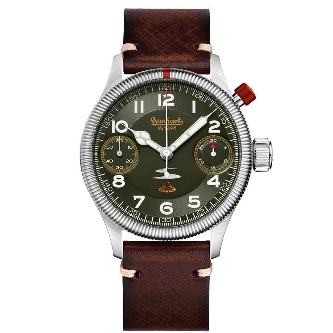 Hanhart Austrian Airforce AW169M Limited Edition ref. 733L.290-5110/5112 fluted bezel with leather strap