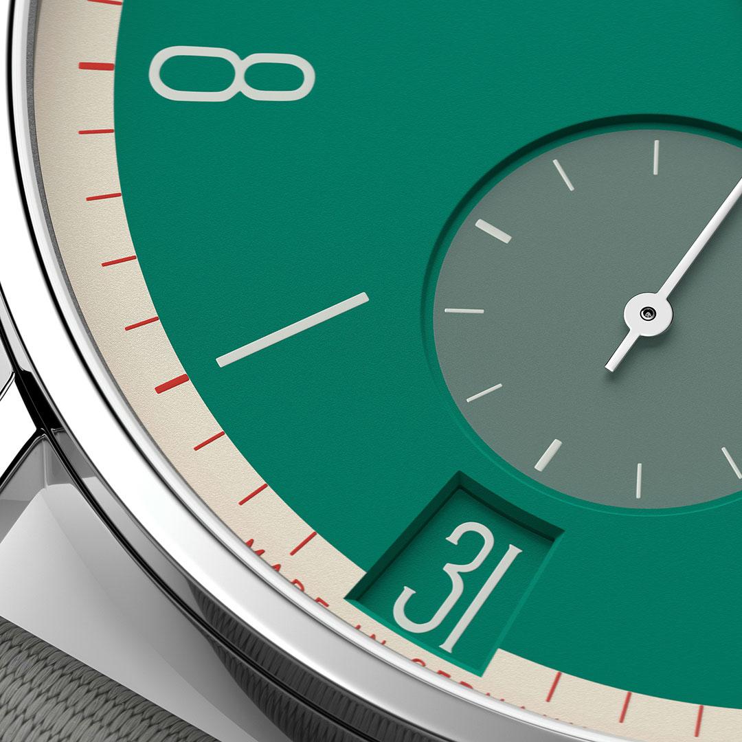 Nomos Tangente 38 Date Special Edition ref. 179.S1 to 179.S31 beige-green detail