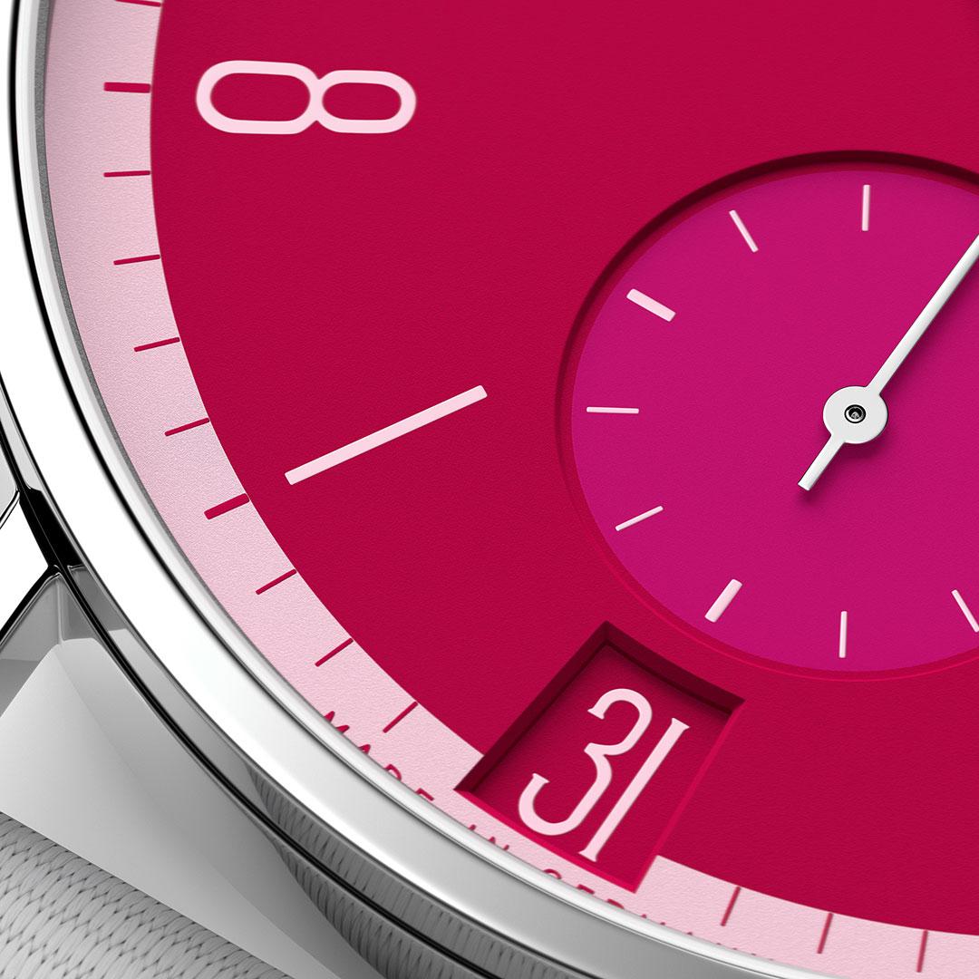 Nomos Tangente 38 Date Special Edition ref. 179.S1 to 179.S31 red-pink detail