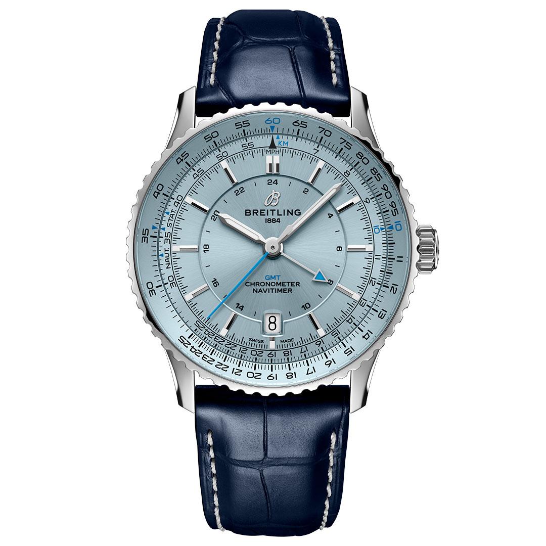 Breitling Navitimer Automatic GMT 41 ref. A32310171C1P1 ice blue dial, steel on leather strap
