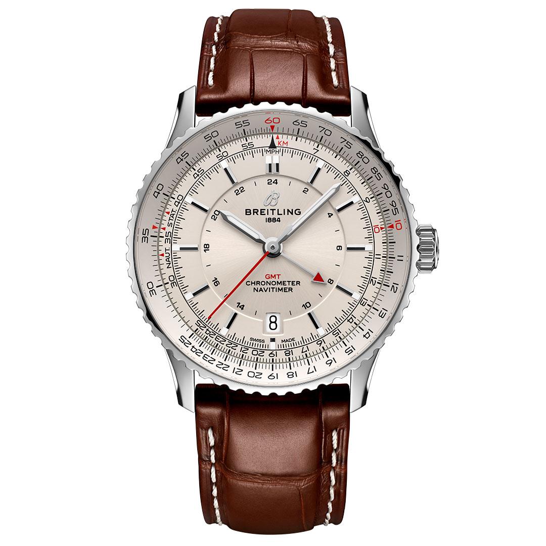 Breitling Navitimer Automatic GMT 41 ref. A32310211G1P1 silver dial, steel on leather strap
