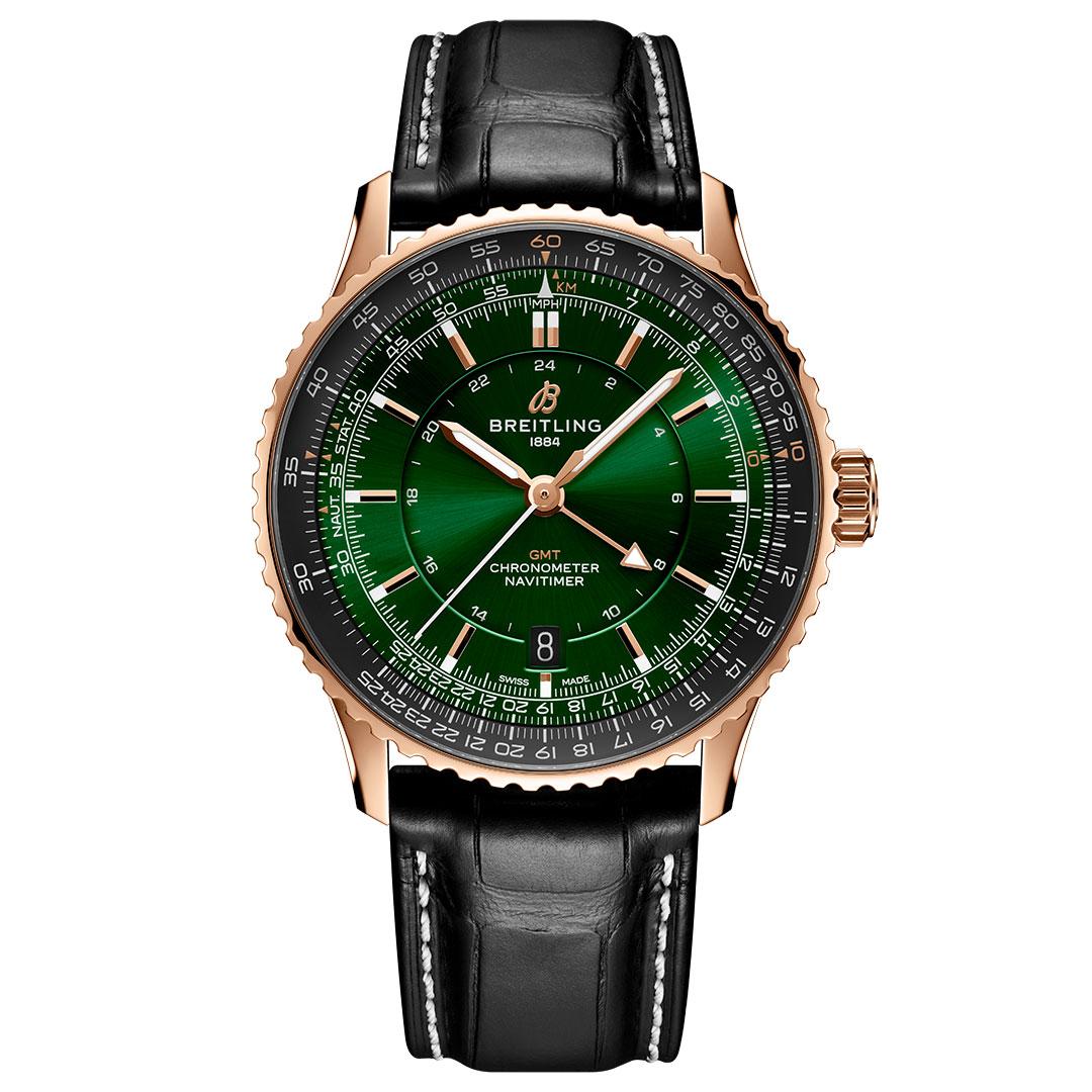 Breitling Navitimer Automatic GMT 41 ref. R32310251L1P1 green dial, gold on leather strap