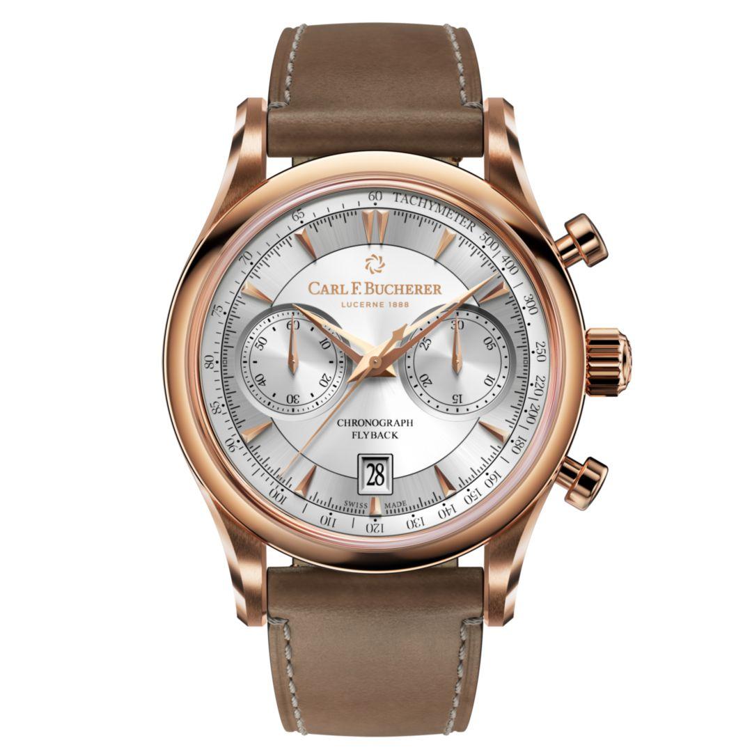 Carl F. Bucherer Manero Flyback 43 mm ref. 00.10919.03.13.02 (43 mm gold, silver dial, leather)