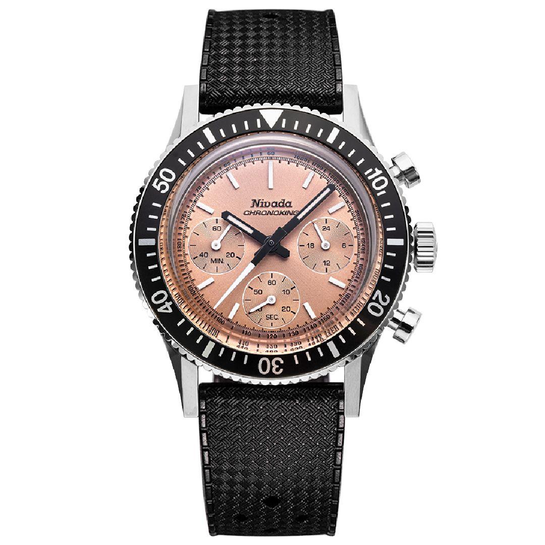 Nivada Grenchen Chronoking Mecaquartz Salmon ref. 87043Q black rubber strap