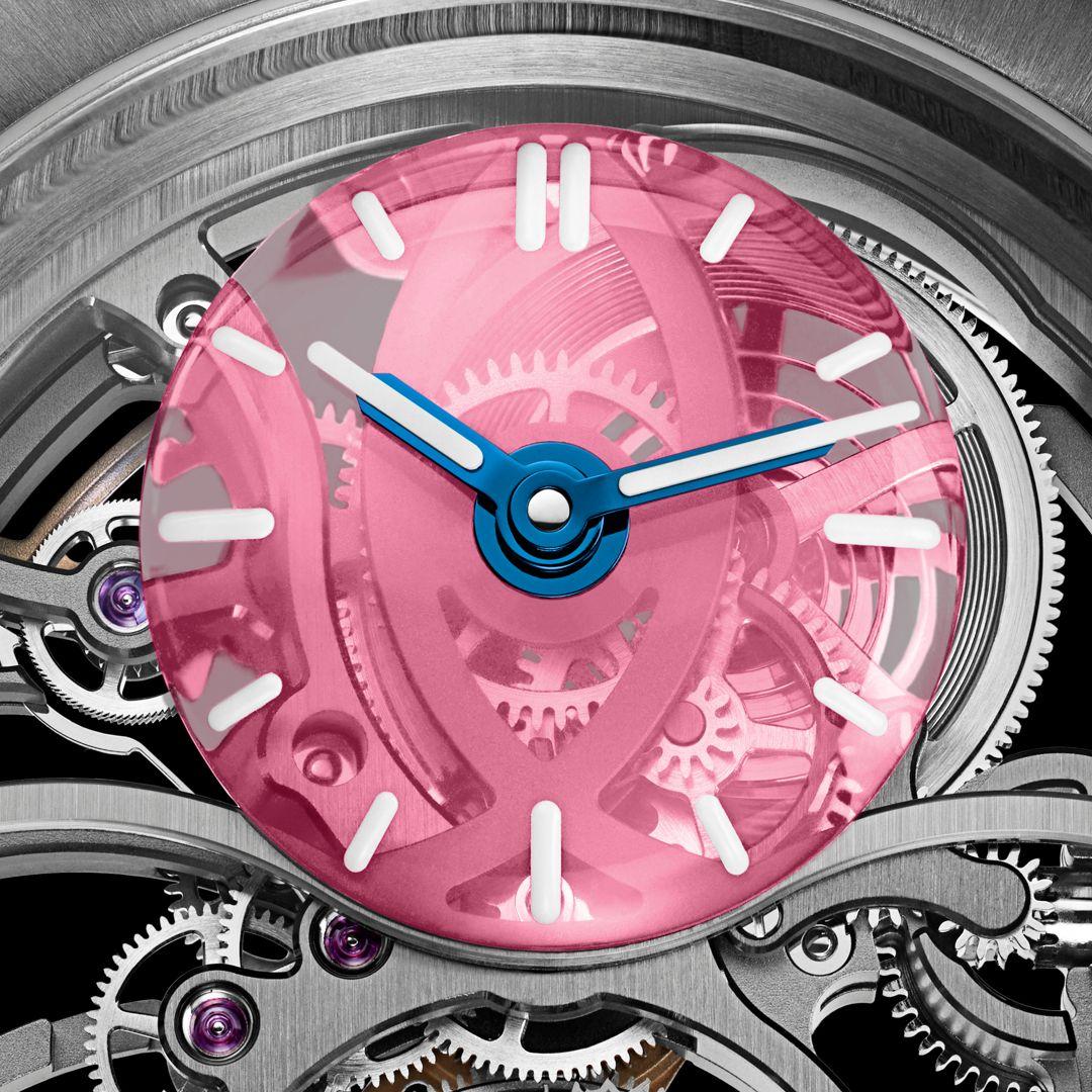 H. Moser & Cie. Streamliner Cylindrical Tourbillon Skeleton Alpine Limited Edition Pink Livery ref. 6811-1202 dial detail