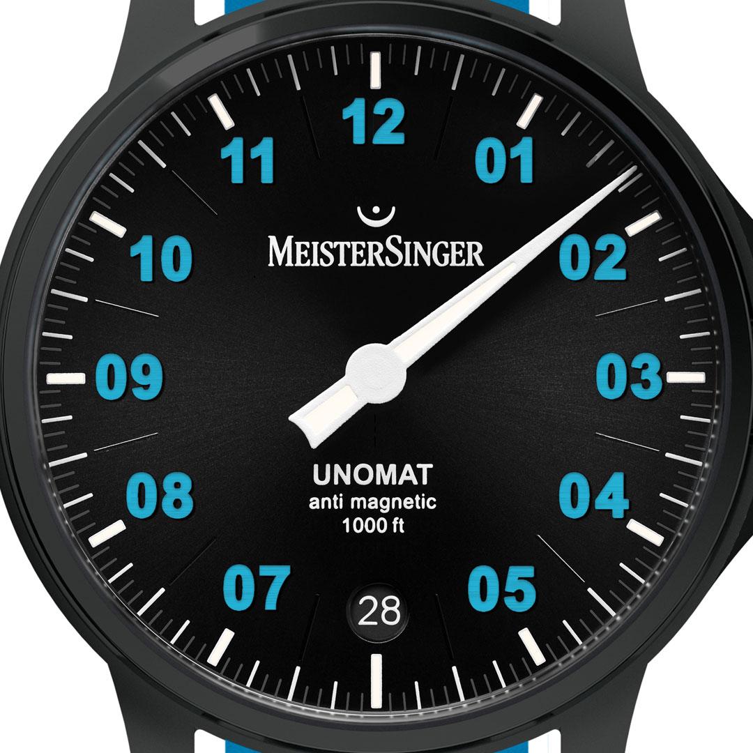 Meistersinger Unomat Black with blue or orange dial