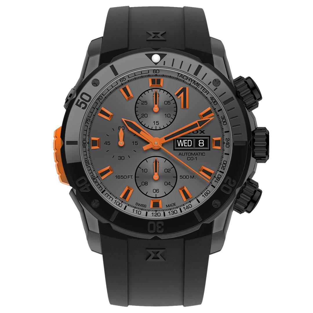 Edox CO-1 Chronograph Automatic Bezel Lock ref. 01128-37GNNOCA-GNO (grey with orange)