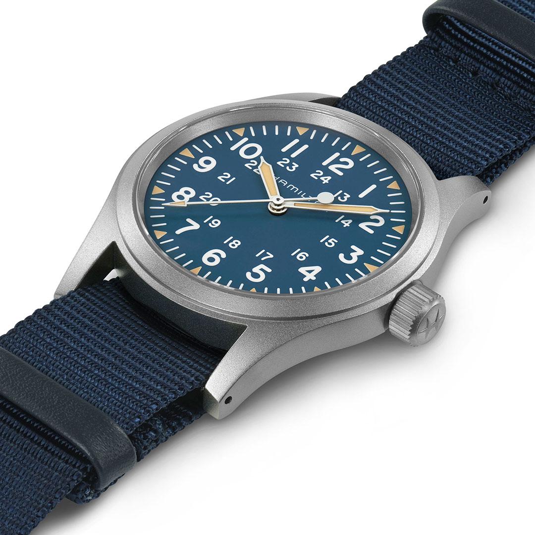 Hamilton Khaki Field Mechanical 38 mm ref. H69439940 (steel, blue) side