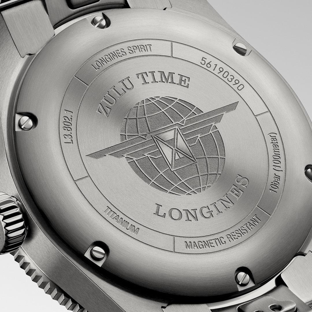 Longines Spirit Zulu Time Titanium ref. L3.802.1.53.6 back detail