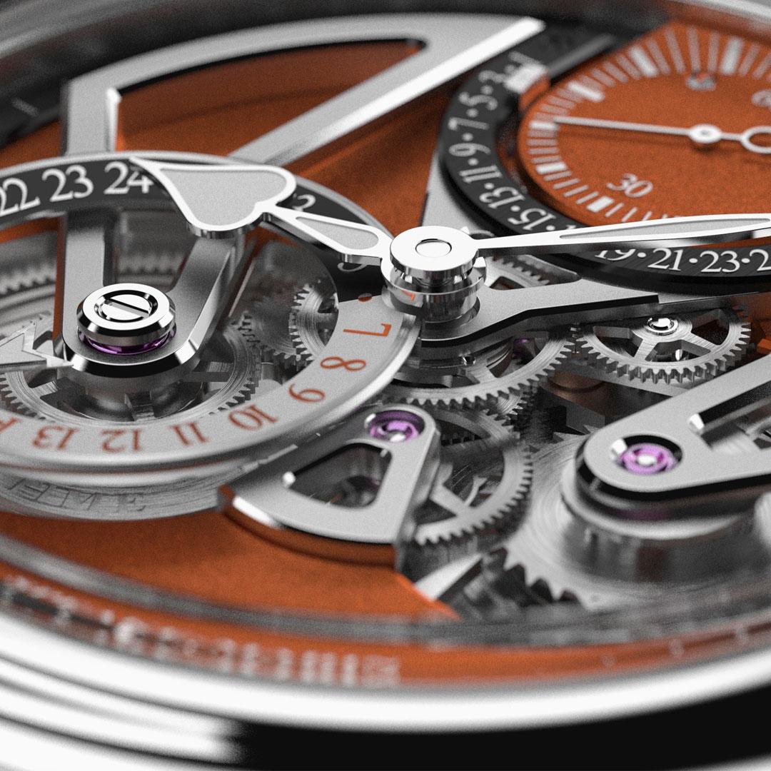 Speake Marin Openworked Dual Time Terracotta dial detail