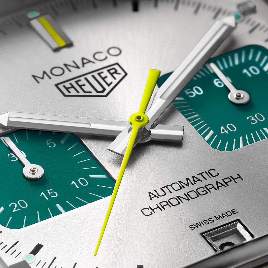 TAG Heuer Monaco Chronograph Racing Green ref. CAW218E.FC6565 dial detail