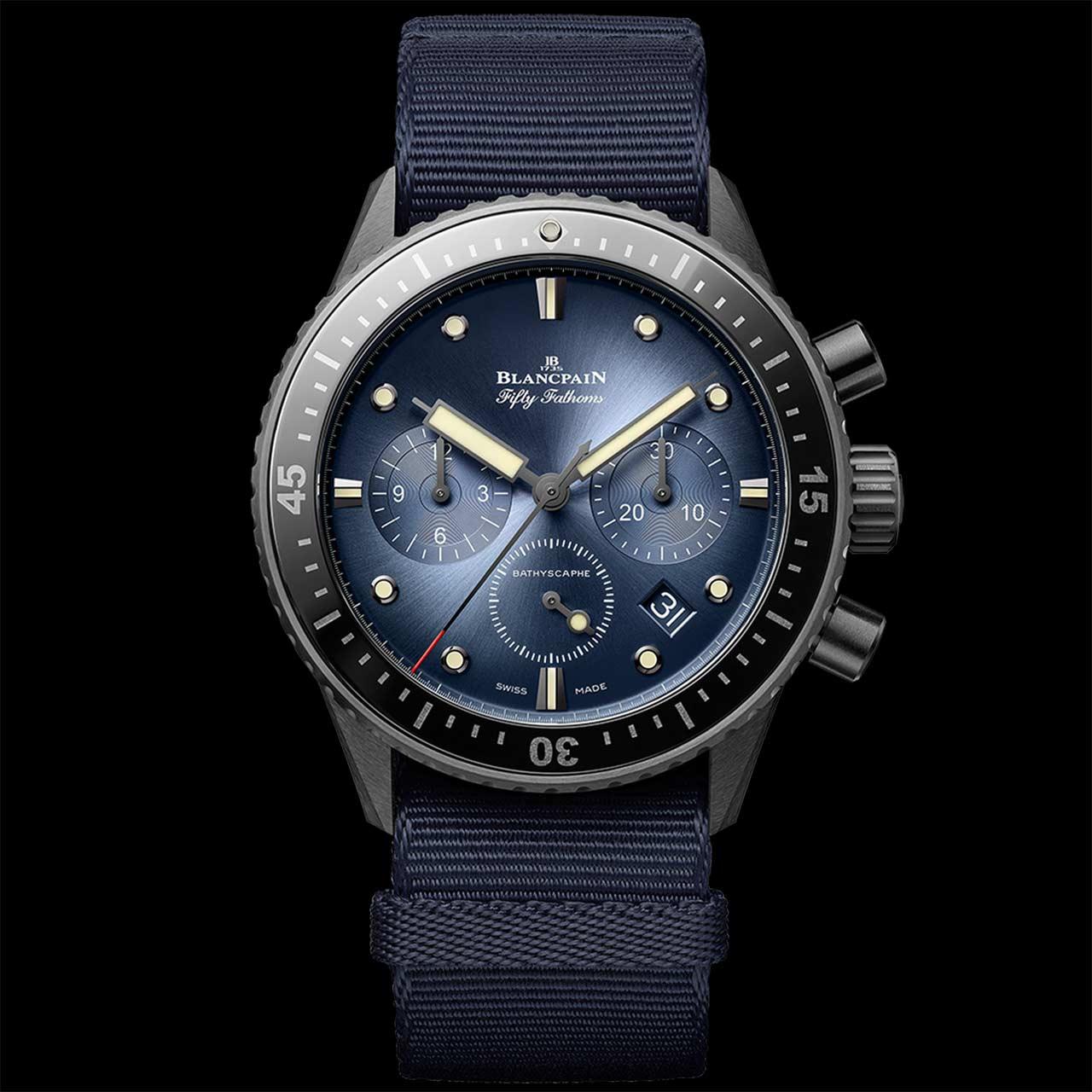 Blancpain Fifty Fathoms Bathyscaphe Chronographe Flyback Ceramic ref. 5200-0140-NAOA (blue, NATO)