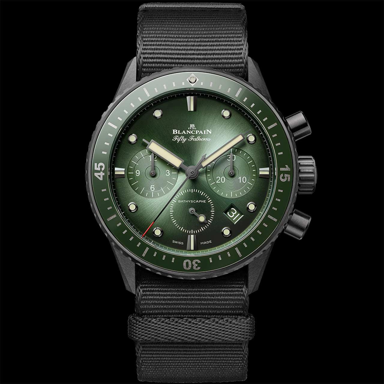 Blancpain Fifty Fathoms Bathyscaphe Chronographe Flyback Ceramic ref. 5200-0153-NABA (green, NATO)