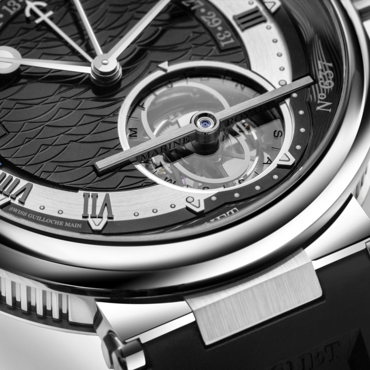 Breguet Marine Tourbillon Equation Marchante 5887 Black ref. 5887PT/92/5WV dial detail tourbillon