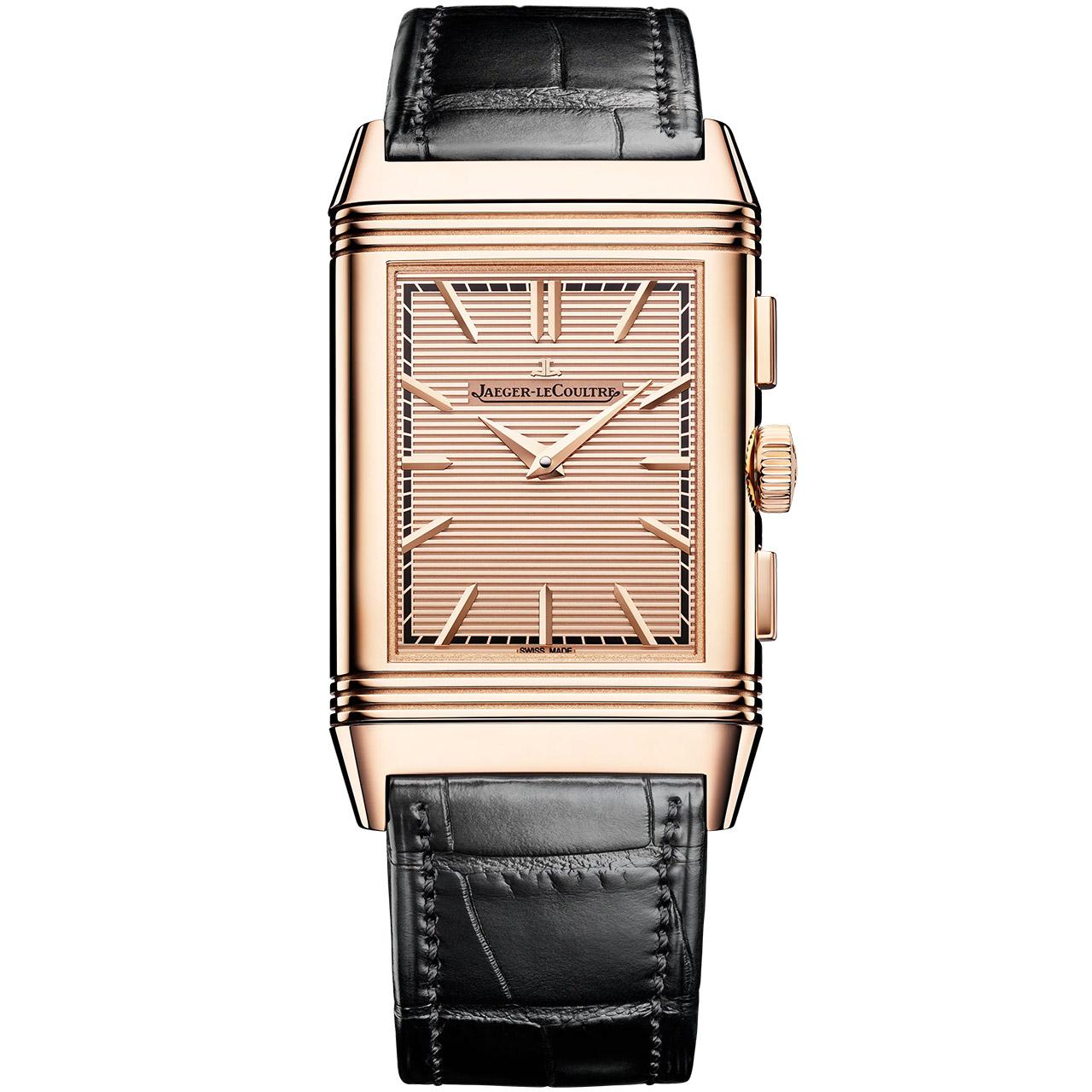 Jaeger-LeCoultre Reverso Tribute Chronograph Full Pink Gold ref. Q389256J front black strap